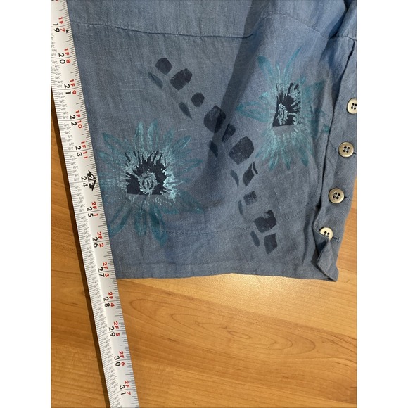 Blue Fish Hand Painted 100% Linen Wide Barrel Leg Blue Floral Artsy Size 1 - Picture 6 of 12